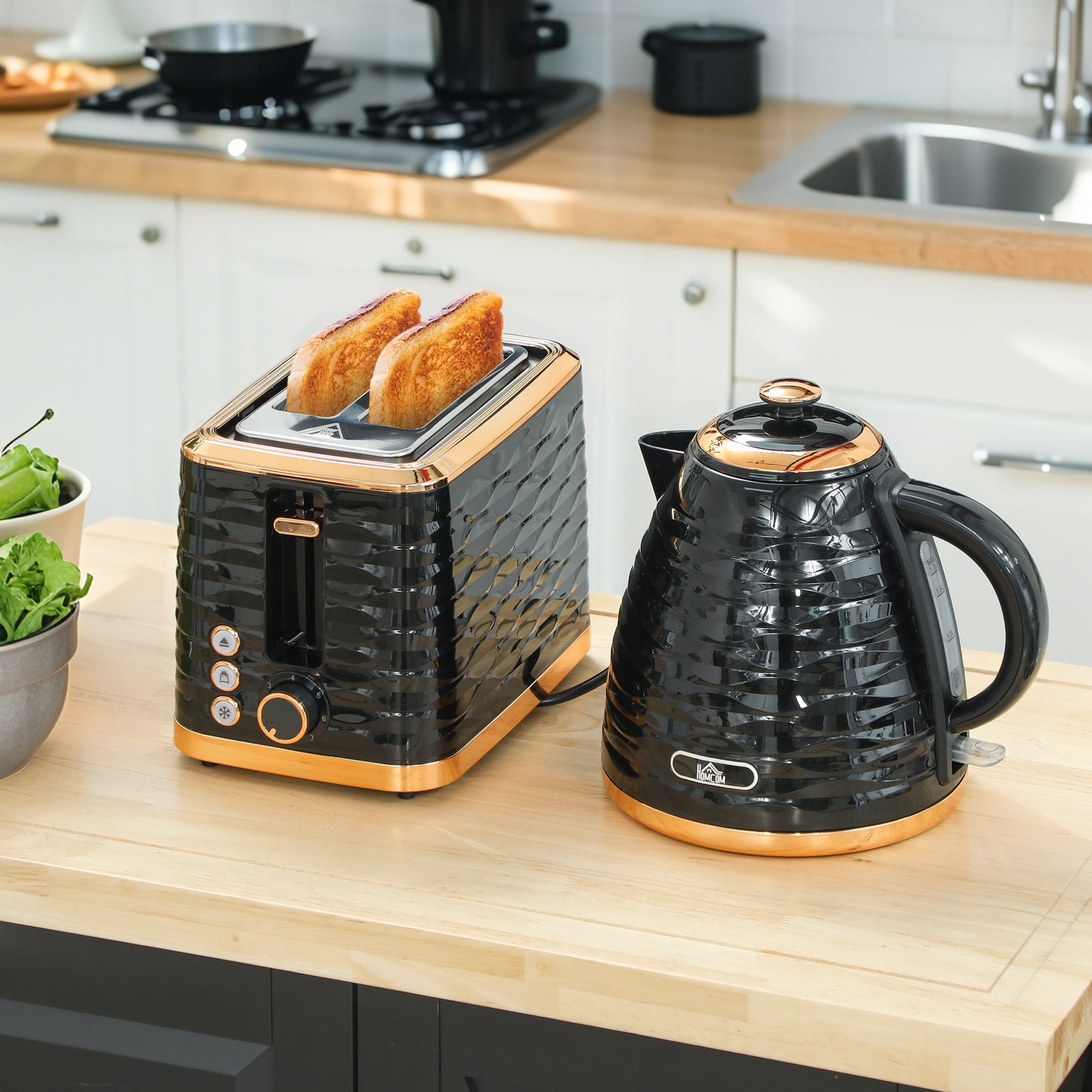 HOMCOM 3000W 1.7L Rapid Boil Kettle & 2 Slice Toaster, Kettle and Toaster Set with 7 Browning Controls and Crumb Tray, Black