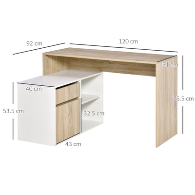 HOMCOM L-Shaped Desk, Corner Computer Desk with Storage Drawer, Adjustable Shelf, Cabinet for Home Office and Study, 120 x 92 x 75cm, Oak and White 