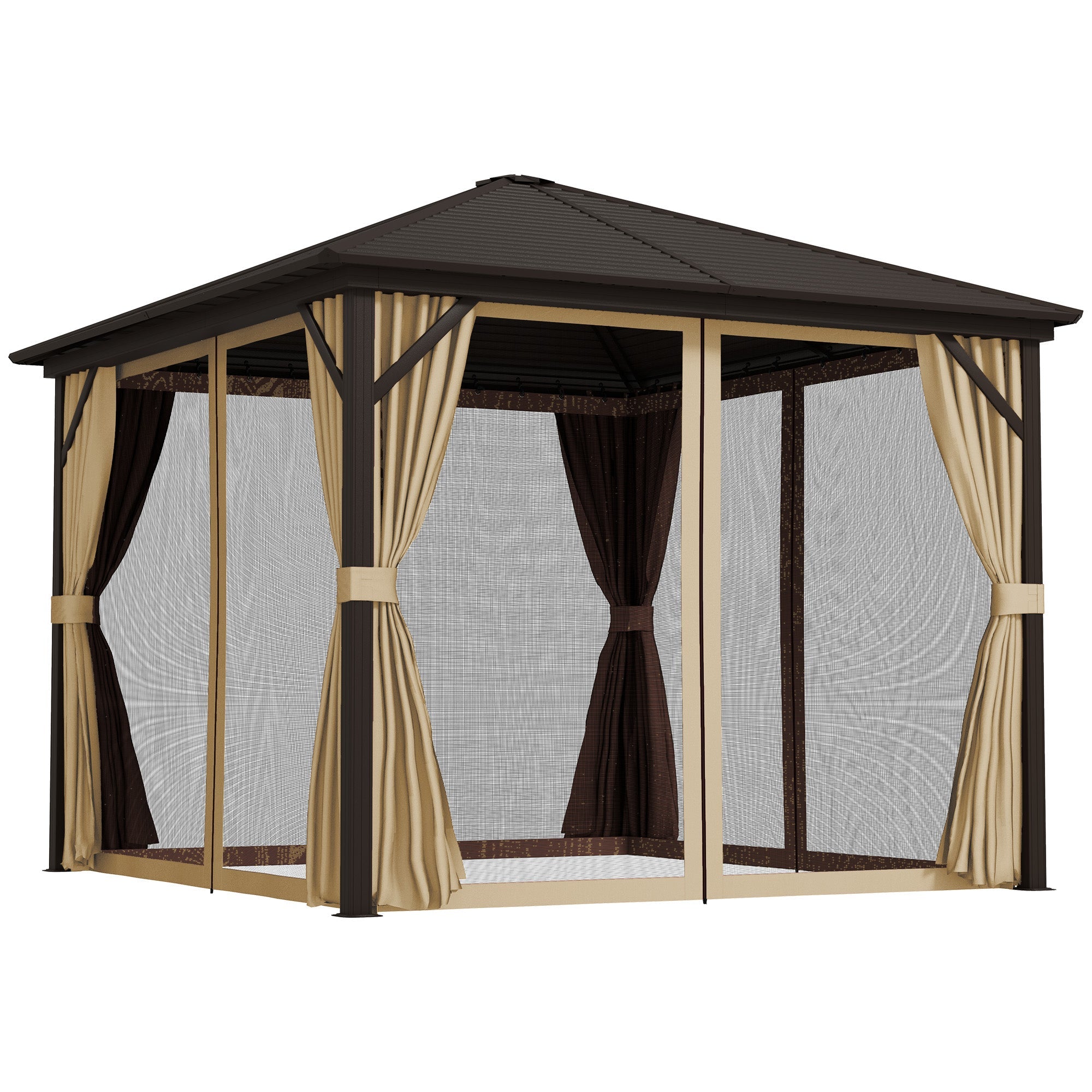Outsunny 3 x 3(m) Metal Hardtop Gazebo, with Curtains and Accessories - Brown 
