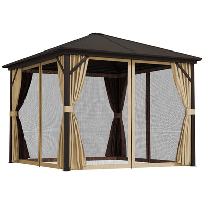 Outsunny 3 x 3(m) Metal Hardtop Gazebo, with Curtains and Accessories - Brown 