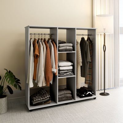 HOMCOM Open Wardrobe Double Mobile Storage Shelves Organizer W/6 Wheels-Grey 