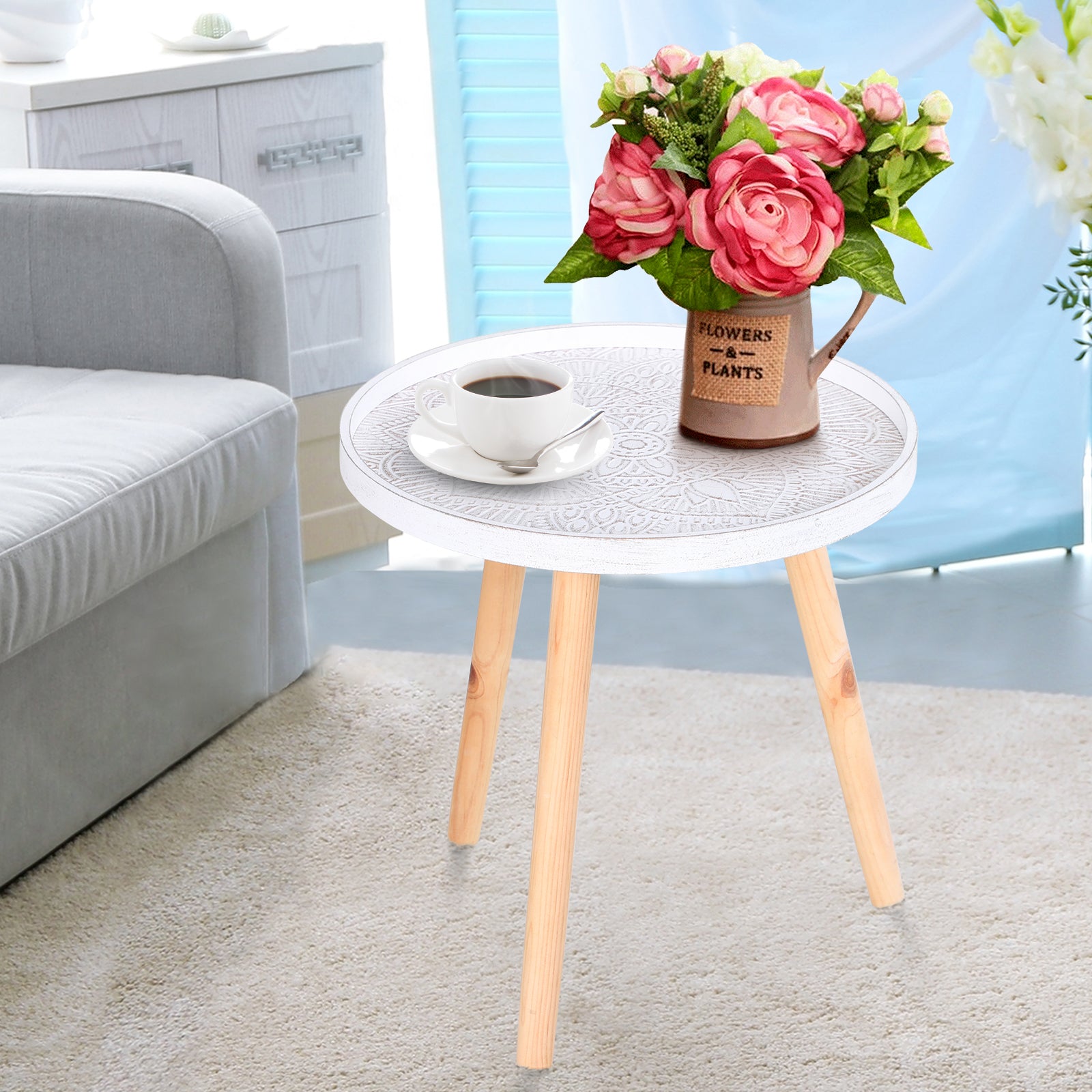 HOMCOM Coffee Table, Carved Floral Round Table with Tray-style Top and Wood Legs, Modern Side Table for Living Room, White 