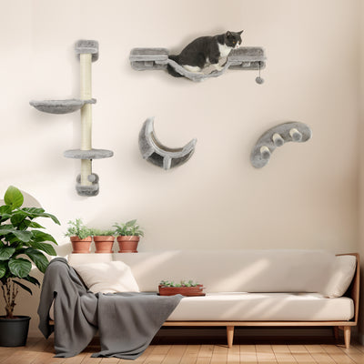 PawHut Four-Piece Cat Wall Furniture, with Hammock, Ladder, Platforms, Steps, for Indoor Use - Grey 
