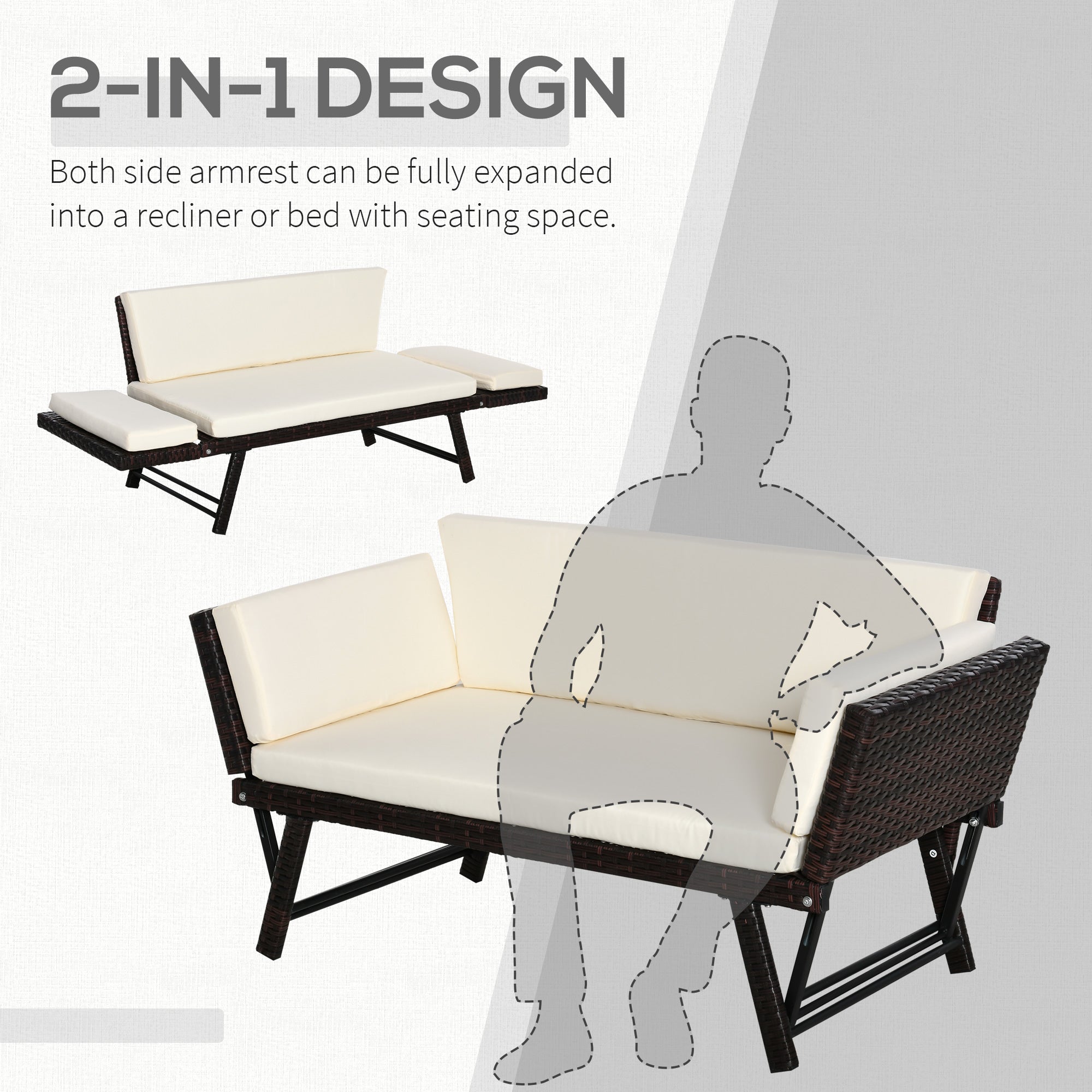 Outsunny 2-Seater 2-in-1 Rattan Convertible Sofa Daybed Brown 