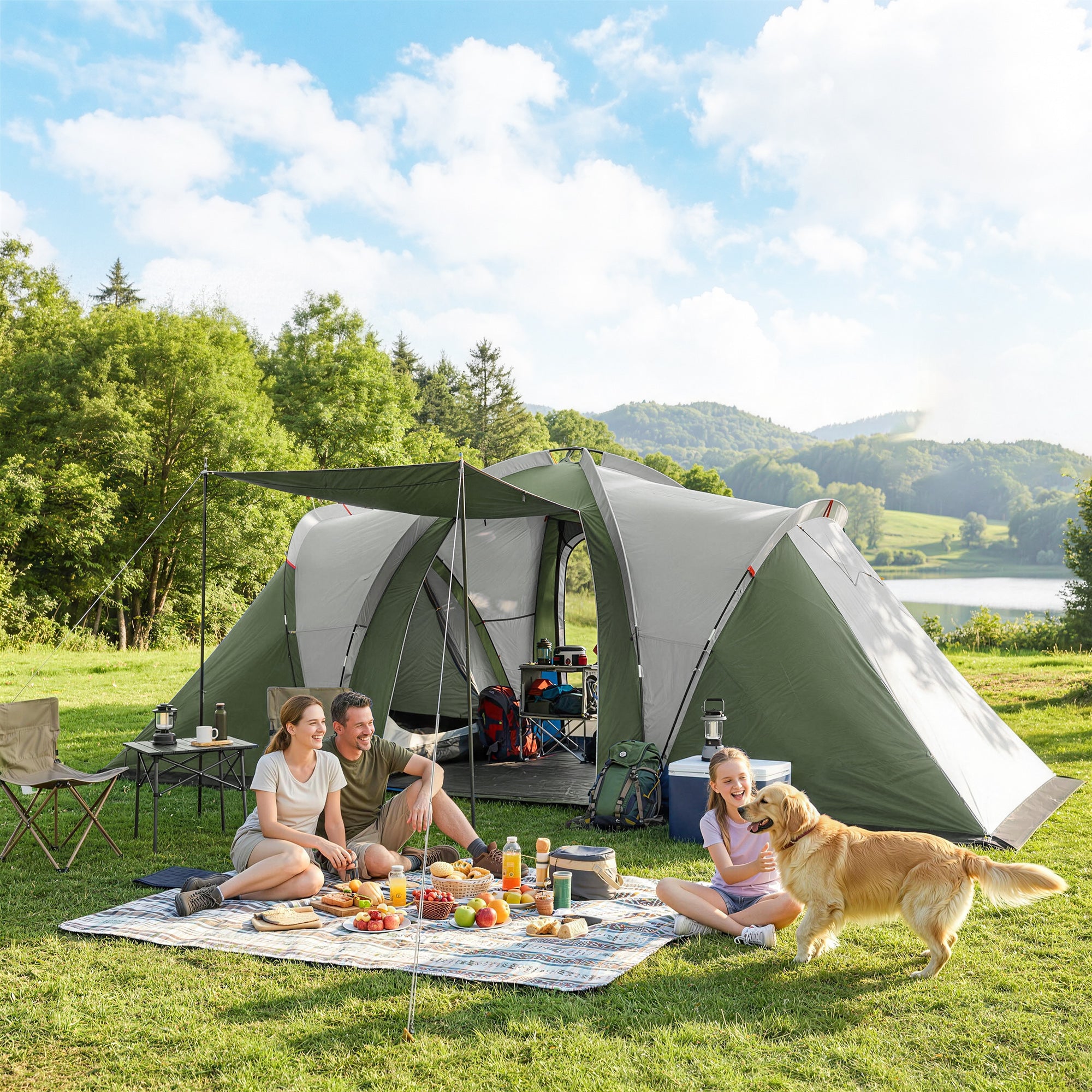 Outsunny Family Camping Tent 3000mm Waterproof Windproof Tunnel Tent 8-12 Person Two Bedrooms Green 