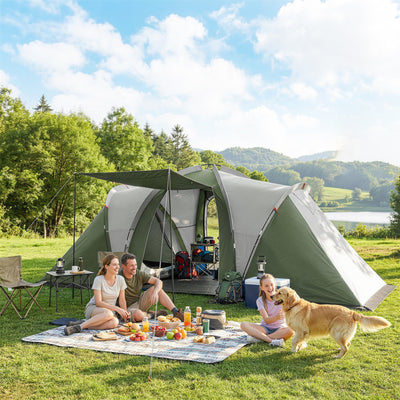 Outsunny Family Camping Tent 3000mm Waterproof Windproof Tunnel Tent 8-12 Person Two Bedrooms Green 