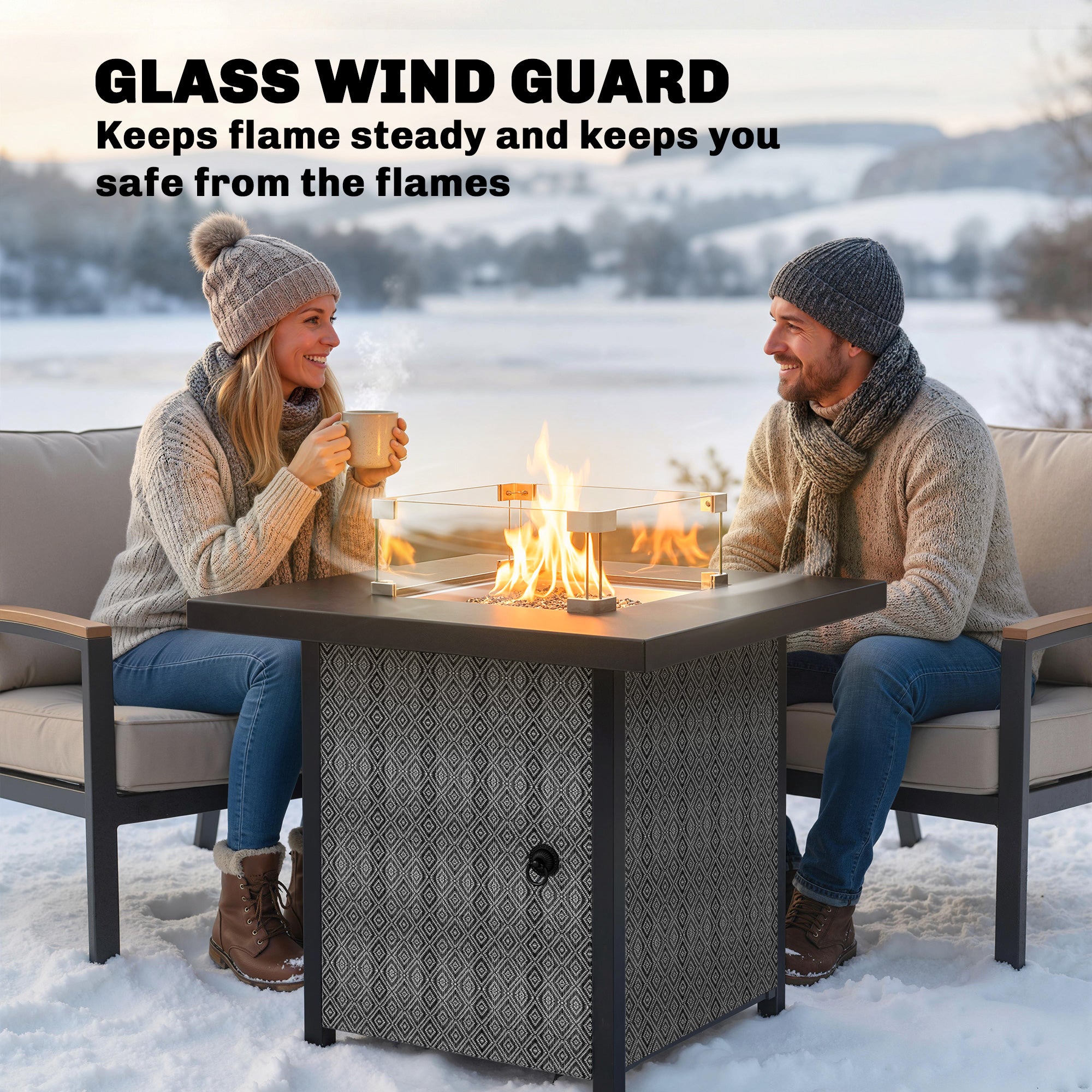 Outsunny Propane Gas Fire Pit Table for Garden, 11.7 KW Smokeless Firepit Outdoor Heater with Wind Guard, Glass Rocks, Lid, Black 