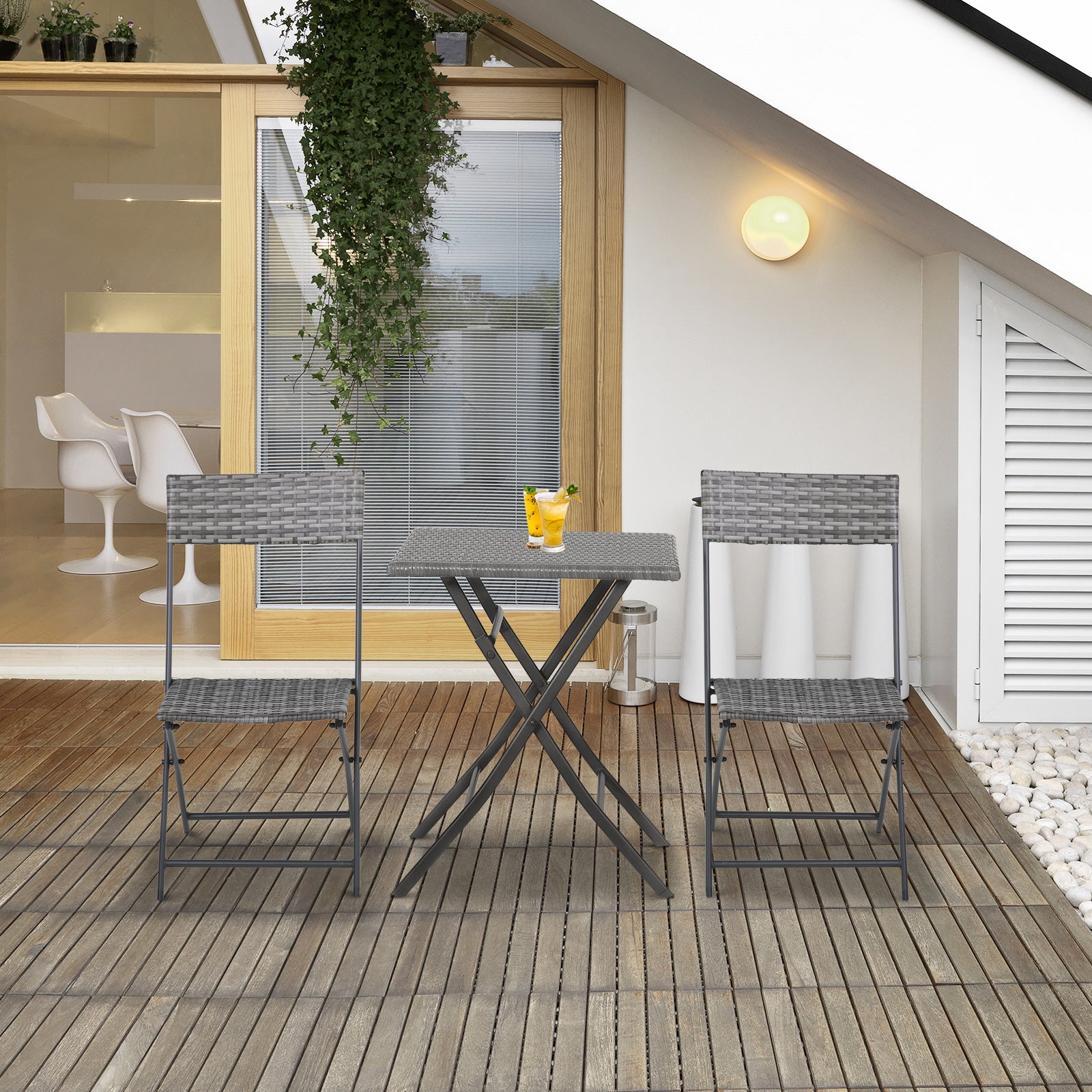 Outsunny 2-Seater Chair Bistro Set Garden Patio Table & Chair Black Rattan Furniture Grey 