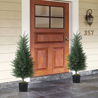 HOMCOM Set of 2 Decorative Artificial Plant, 90 cm Cypress Tree with 362 Leaves in Pot, UV-Resistant Plastic Fake Tree for Indoor Outdoor Home Office 