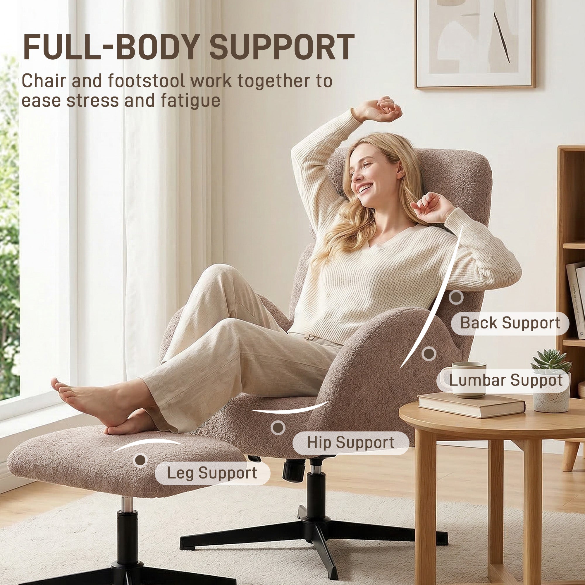 HOMCOM Swivel Armchair and Footstool Set, Height Adjustable Accent Chair with Adjustable Headrest, Rocking Function, Light Brown 