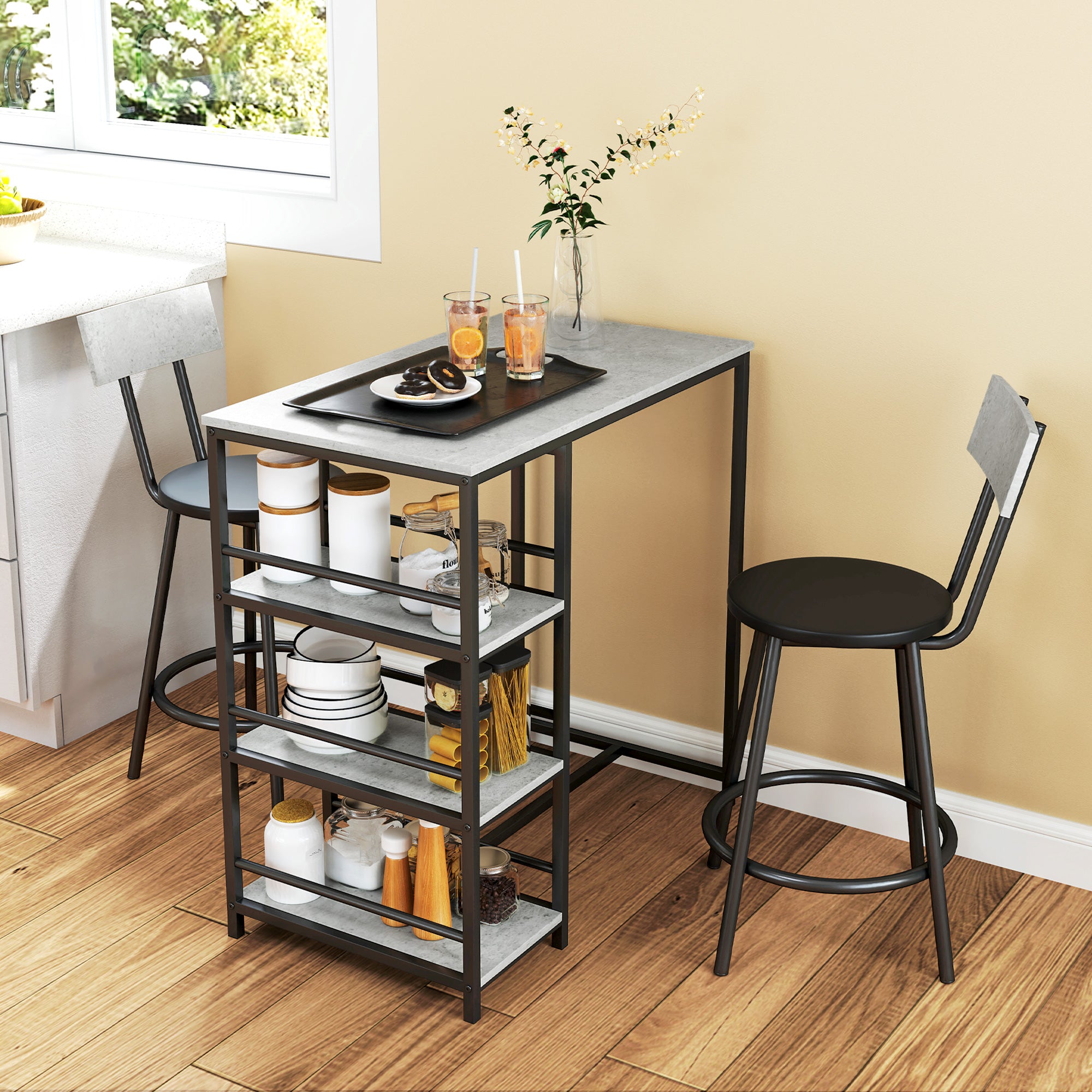 HOMCOM Three-Piece Kitchen Dining Set, with Shelves - Grey/Black