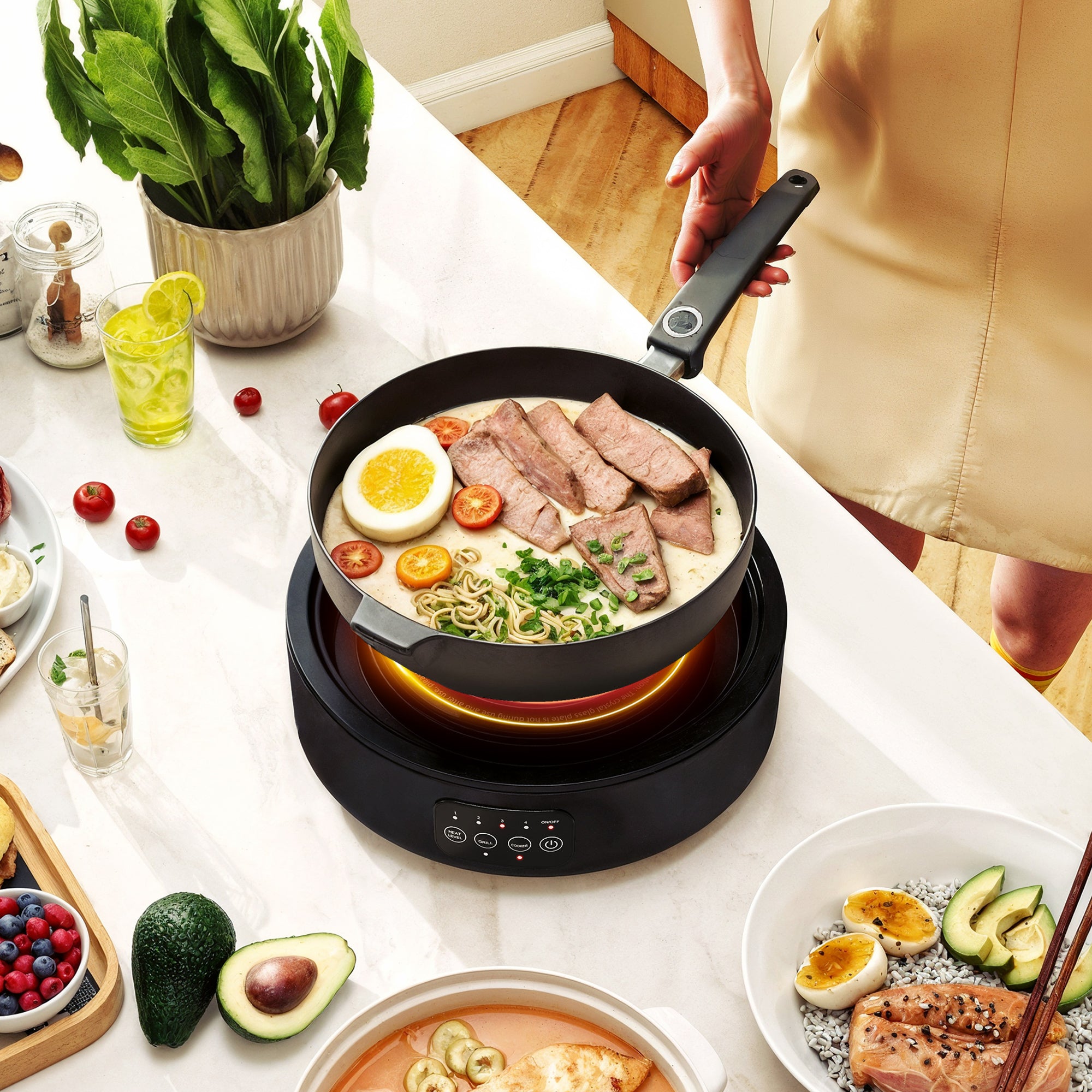 HOMCOM Electric Ceramic Hob with Grill Plate, Multifunctional 36cm Plug in Electric Hob with 4 Heat Levels for All Type Pot 