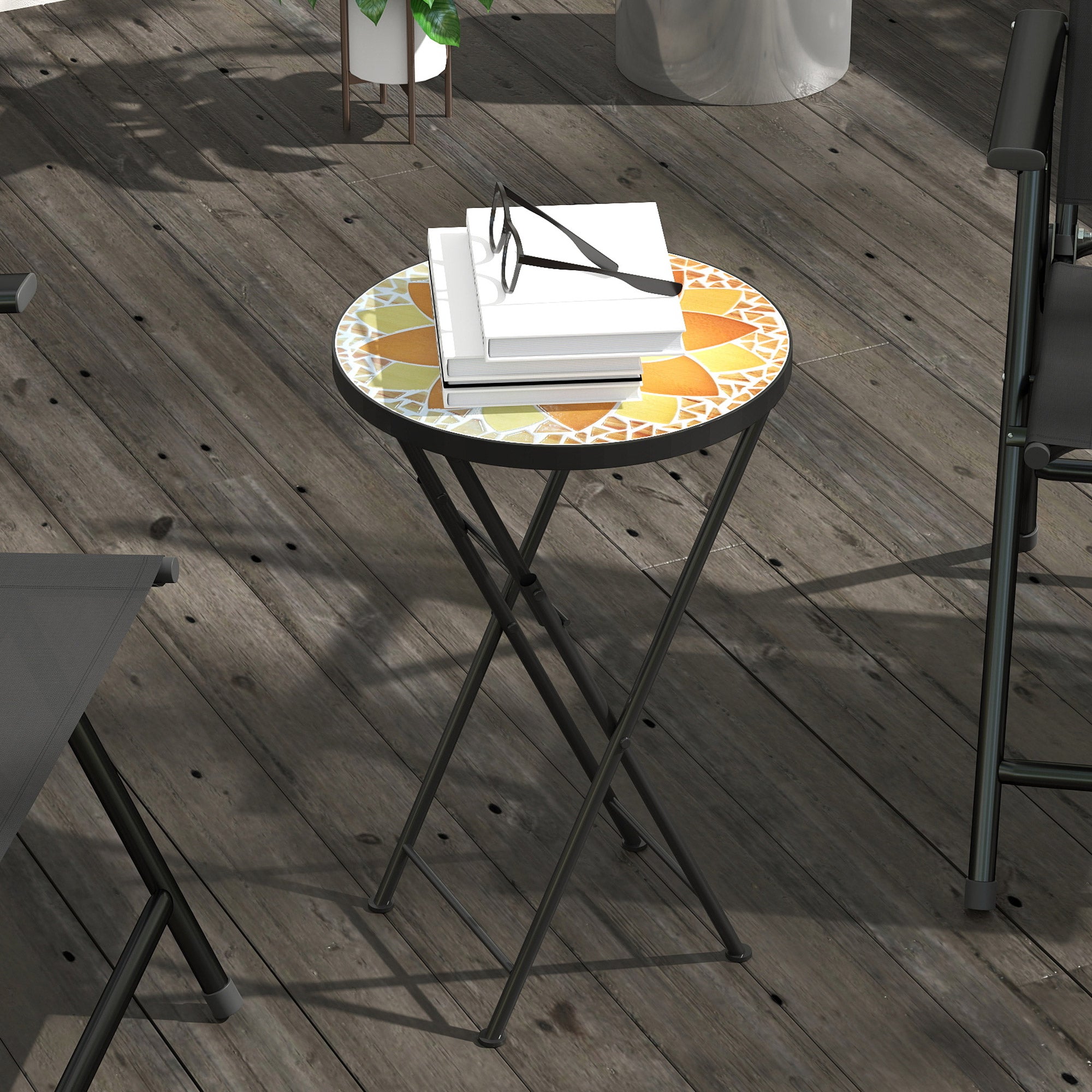 Outsunny Mosaic Outdoor Garden Table, 35.5cm Round Folding Coffee Table with Metal Frame for Balcony Terrace, Yellow 