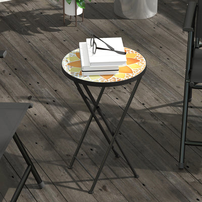 Outsunny Mosaic Outdoor Garden Table, 35.5cm Round Folding Coffee Table with Metal Frame for Balcony Terrace, Yellow 