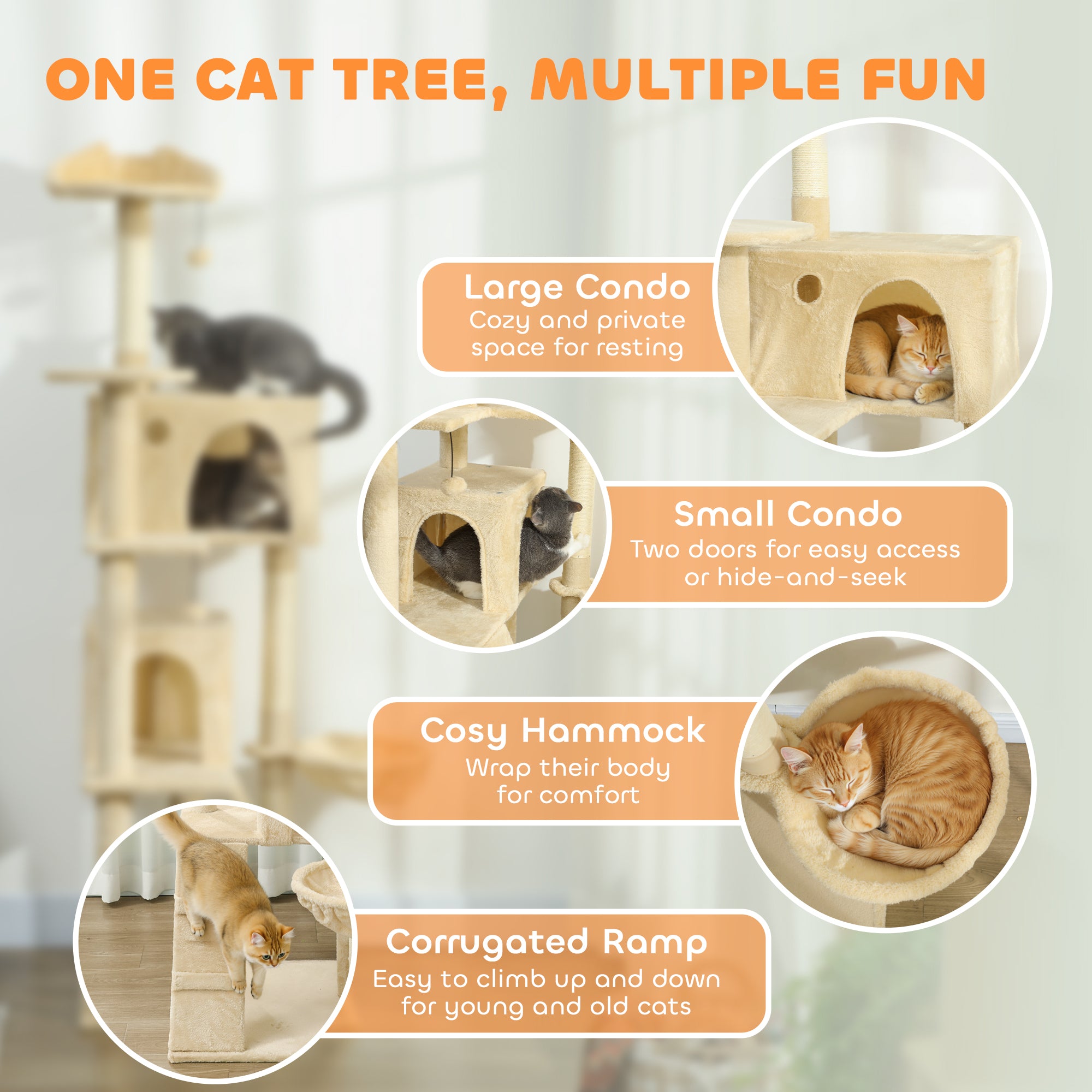 PawHut 180cm Large Cat Tree Tower with Sisal Scratching Posts, Condos, Plush Perches, Hammock, Ladder, Beige 