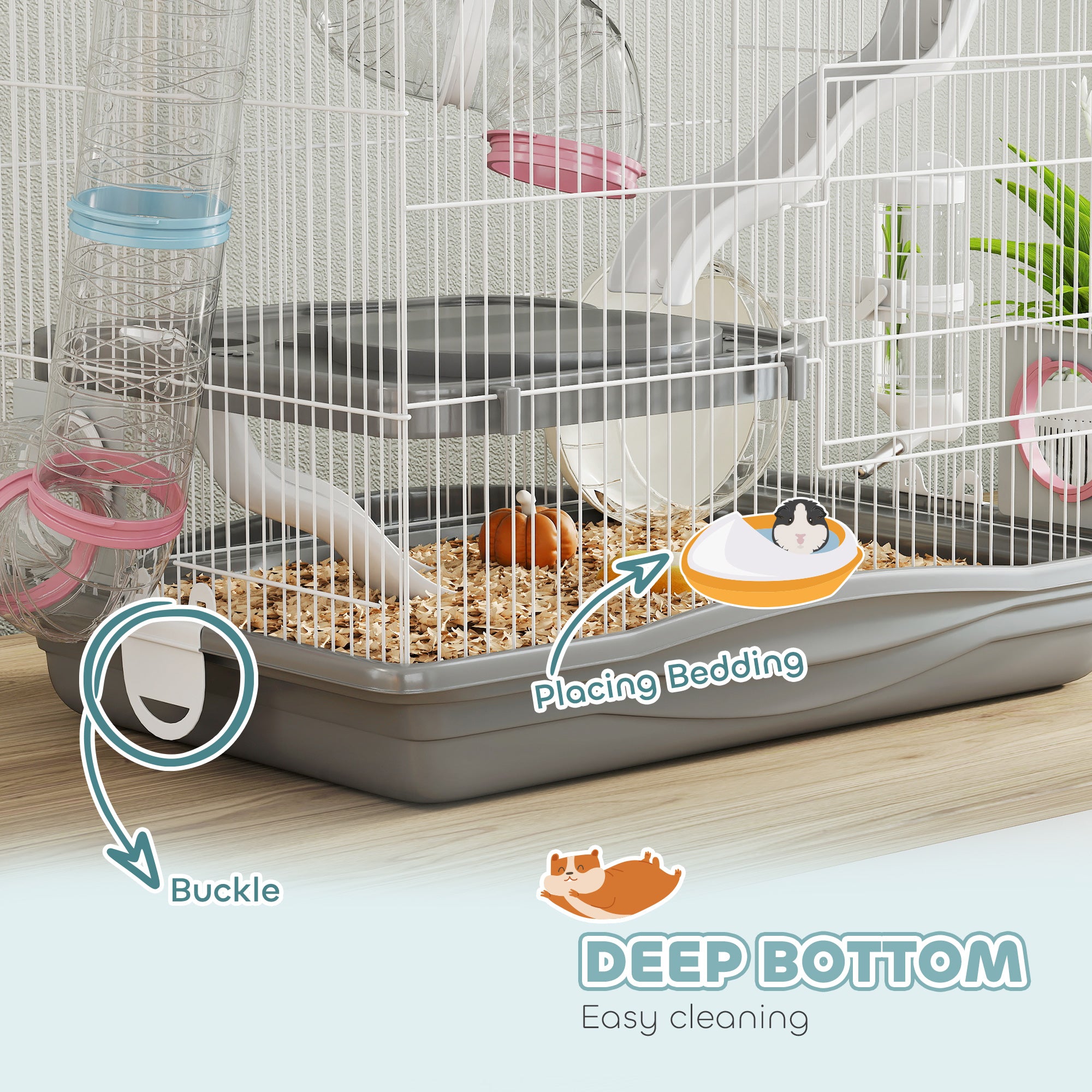 PawHut 3-Tier Hamster Cage with Exercise Wheels, Water Bottle, Food Dish, for Dwarf Hamsters, 45 x 30 x 45 cm, Grey