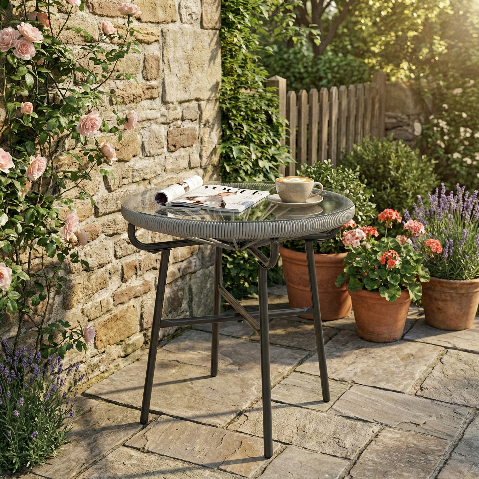 Outsunny Rattan Side Table, Round Outdoor Coffee Table, with Round PE Rattan and Tempered Glass Tabletop, Light Grey 
