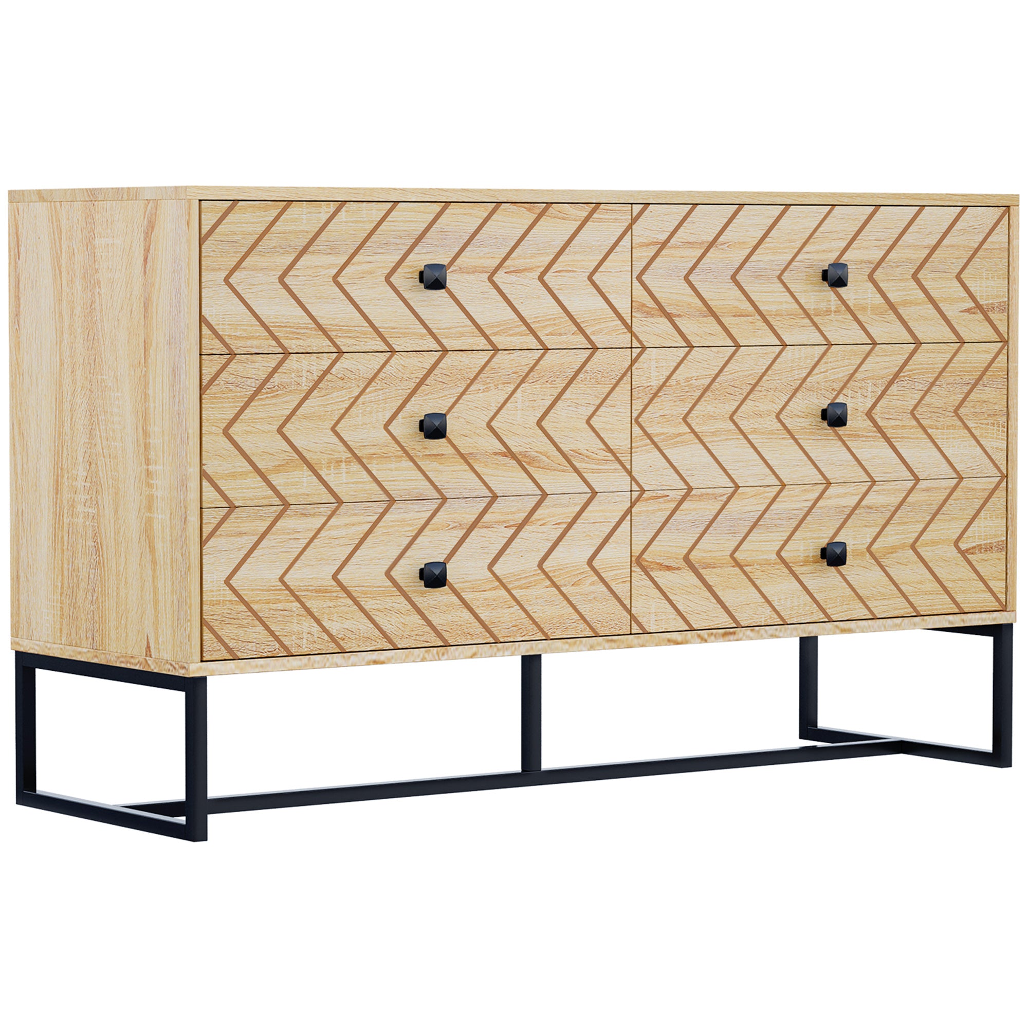 HOMCOM Bedroom Chest of Drawers, 6 Drawer Dresser, Sideboard Cabinet with Zigzag Design and Metal Base, Storage Drawer Unit, 120x71cm, Natural 