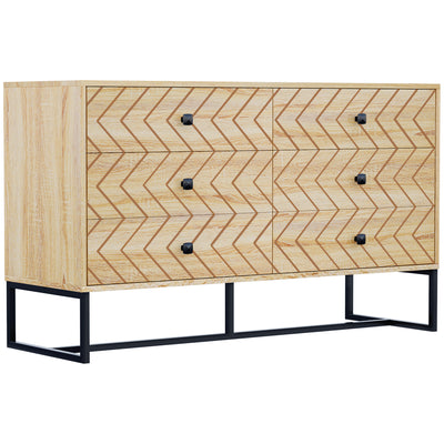 HOMCOM Bedroom Chest of Drawers, 6 Drawer Dresser, Sideboard Cabinet with Zigzag Design and Metal Base, Storage Drawer Unit, 120x71cm, Natural 