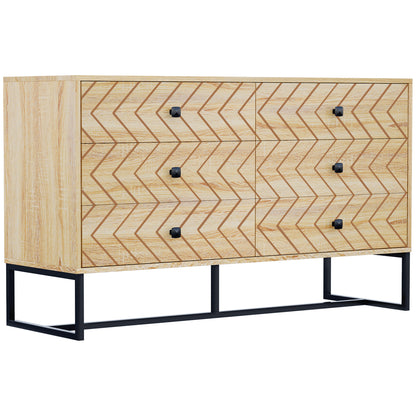 HOMCOM Bedroom Chest of Drawers, 6 Drawer Dresser, Sideboard Cabinet with Zigzag Design and Metal Base, Storage Drawer Unit, 120x71cm, Natural 