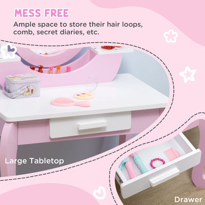 ZONEKIZ Kids Dressing Table Set, with Mirror, Stool, for Ages 3-6 Years - Pink 