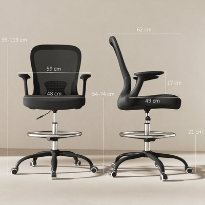 HOMCOM Draughtsman Chair, Mesh Drafting Chair, Ergonomic Office Chair with Flip-up Armrest, Adjustable Foot Ring, Black 