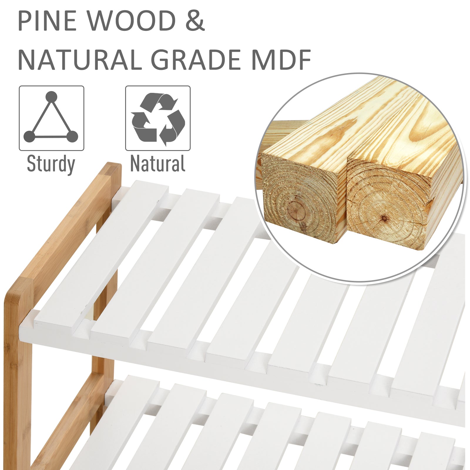 HOMCOM 3-Tier Shoe Rack Wood Frame Slatted Shelves Spacious Open Hygienic Storage Home Hallway Furniture Family Guests 70L x 26W x 57.5H cm - Natural 