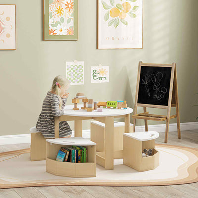 AIYAPLAY Five-Piece Kids Table and Chairs Set with Storage, for Ages 3-8 Years, White 
