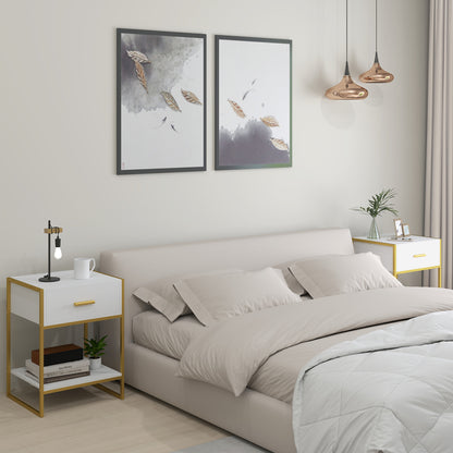 HOMCOM Bedside Table Set of 2, Modern Side Tables with Drawer and Shelf, Nightstands for Bedroom, White