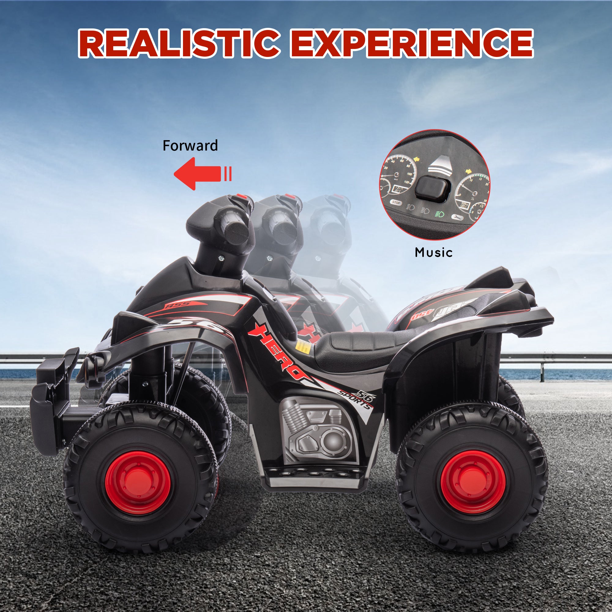 AIYAPLAY 6V Kids Electric Quad Bike w/ Music, Forward Function, for 2-6 Years, Black 