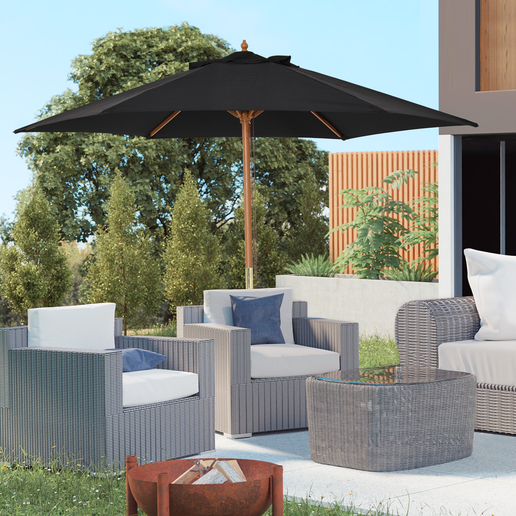 Outsunny Wooden Garden Umbrella Sun Shade with Top Vents, Bamboo Ribs and Sturdy Wood Pole, Black 