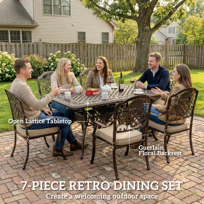 Outsunny Garden Dining Set for 6, Cast Aluminium Outdoor Table and Chairs Set with Cushions, Parasol Hole for Patio, Bronze Tone 