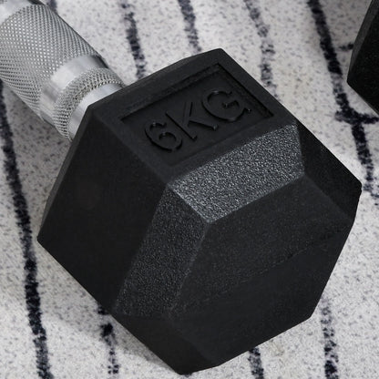 HOMCOM 2x6kg Hex Dumbbells Set Rubber Dumbbells Weight Lifting Equipment Fitness Home Gym 