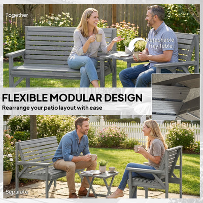 Outsunny Wooden Garden Furniture Set with Parasol Hole, 1 Chair, 1 Bench and Detachable Table, Grey Embossed Finish 