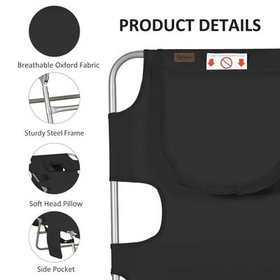 Outsunny Foldable Sun Lounger, Beach Chaise Lounge with Reading Hole, Arm Slots, 5-Position Adjustable Backrest, Side Pocket, Pillow for Patio, Garden, Beach, Pool, Black 