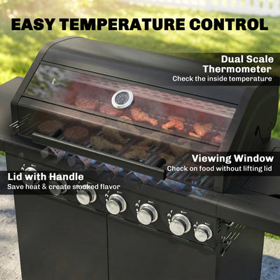 Outsunny 6+1 Burner Gas BBQ Grill, Outdoor Barbecue Trolley with Wheels, Warming Rack, Thermometer, Bottle Opener, Black 