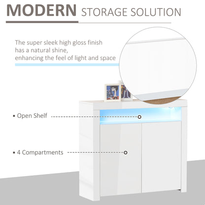 HOMCOM LED Storage Cabinet, Cupboard with High Gloss Front and RGB Lighting, Modern Sideboard for Entryway, Dining Area, Living Room, White 