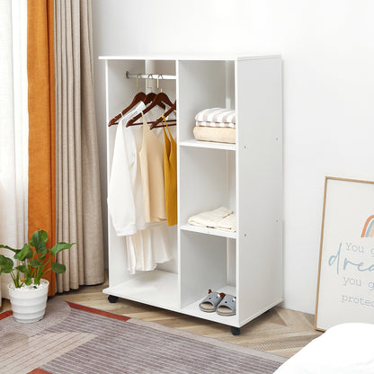 HOMCOM Open Wardrobe on Wheels, Bedroom Wardrobe with Clothes Hanging Rail, 3 Storage Shelves, Mobile Garment Rack for Cloakroom, Hallway, White 
