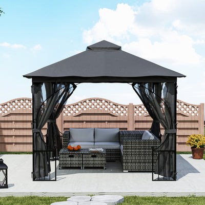 Outsunny 3 x 3(m) Garden Gazebo Patio Party Tent Shelter Outdoor Canopy Double Tier Sun Shade Metal Frame Netting, Dark Grey 