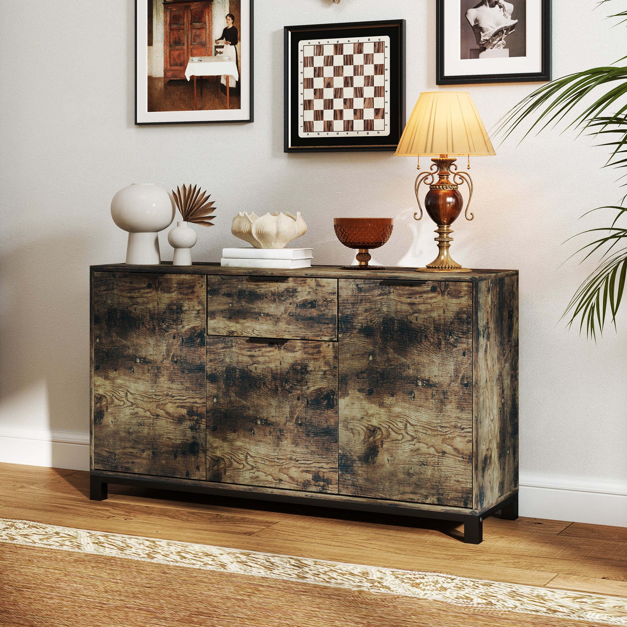 HOMCOM Sideboard, Industrial Storage Cabinet with Doors, Drawer, Cupboard and Adjustable Shelves for Living Room, Dining Room, Hallway, Rustic Brown 