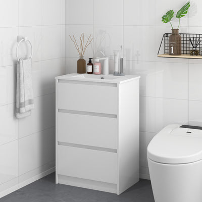 kleankin 600mm Bathroom Vanity Unit with Basin and Single Tap Hole, High Gloss White Floor Standing Bathroom Sink Unit with 2 Drawers 