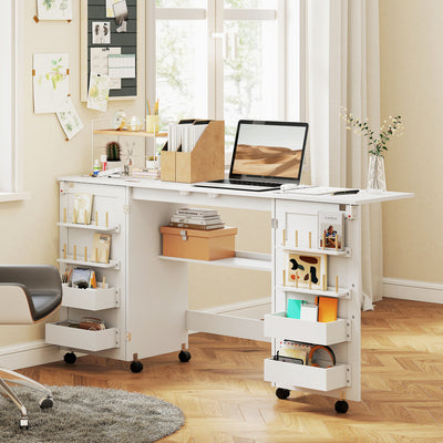 HOMCOM Folding Sewing Table with 2 Magnetic Doors, Storage Shelf, Lockable Wheels, Space Saving, White 
