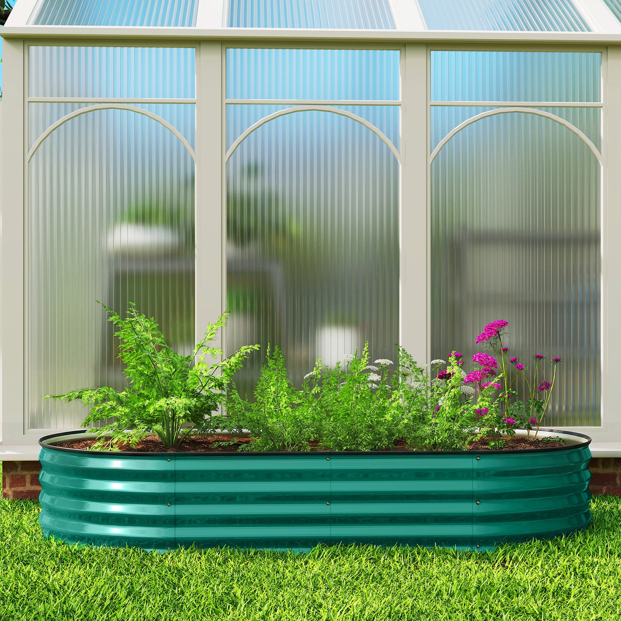 Outsunny Galvanised Raised Garden Bed, Metal Planter Box with Safety Edging, for Flowers, Herbs, Succulents, Light Green 