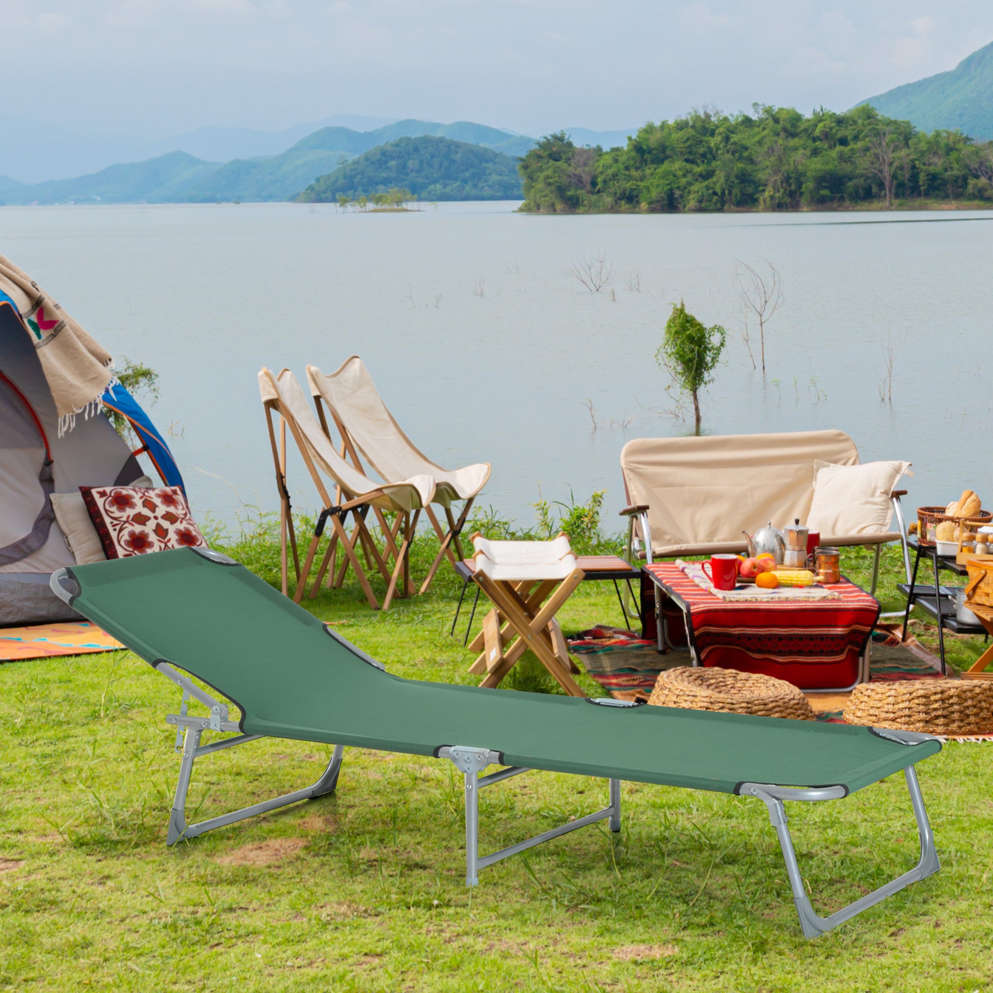 Outsunny Reclining Sun Lounger Chair Folding Camping Bed with 4-Position Adjustable Backrest, for Travel Indoor Outdoor Office Fishing, Green 