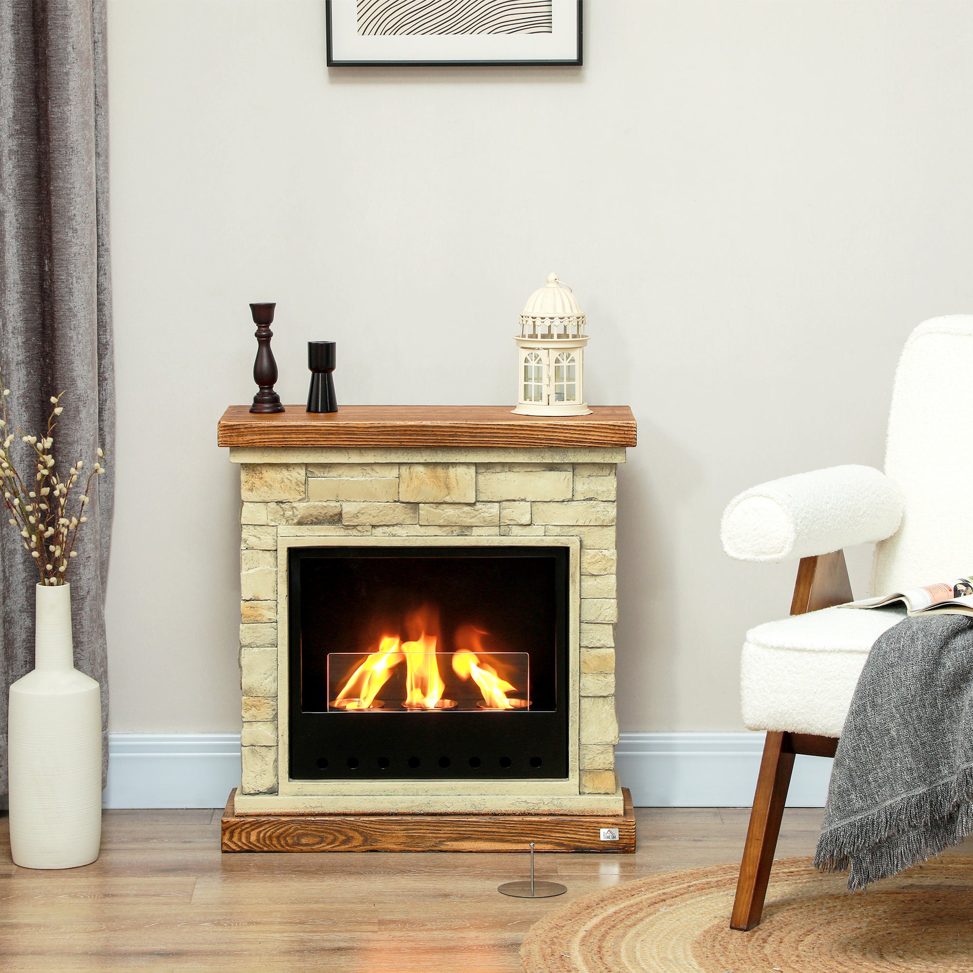 HOMCOM Bioethanol Fire Heater, with Brickwork-Effect Mantelpiece - Brown 