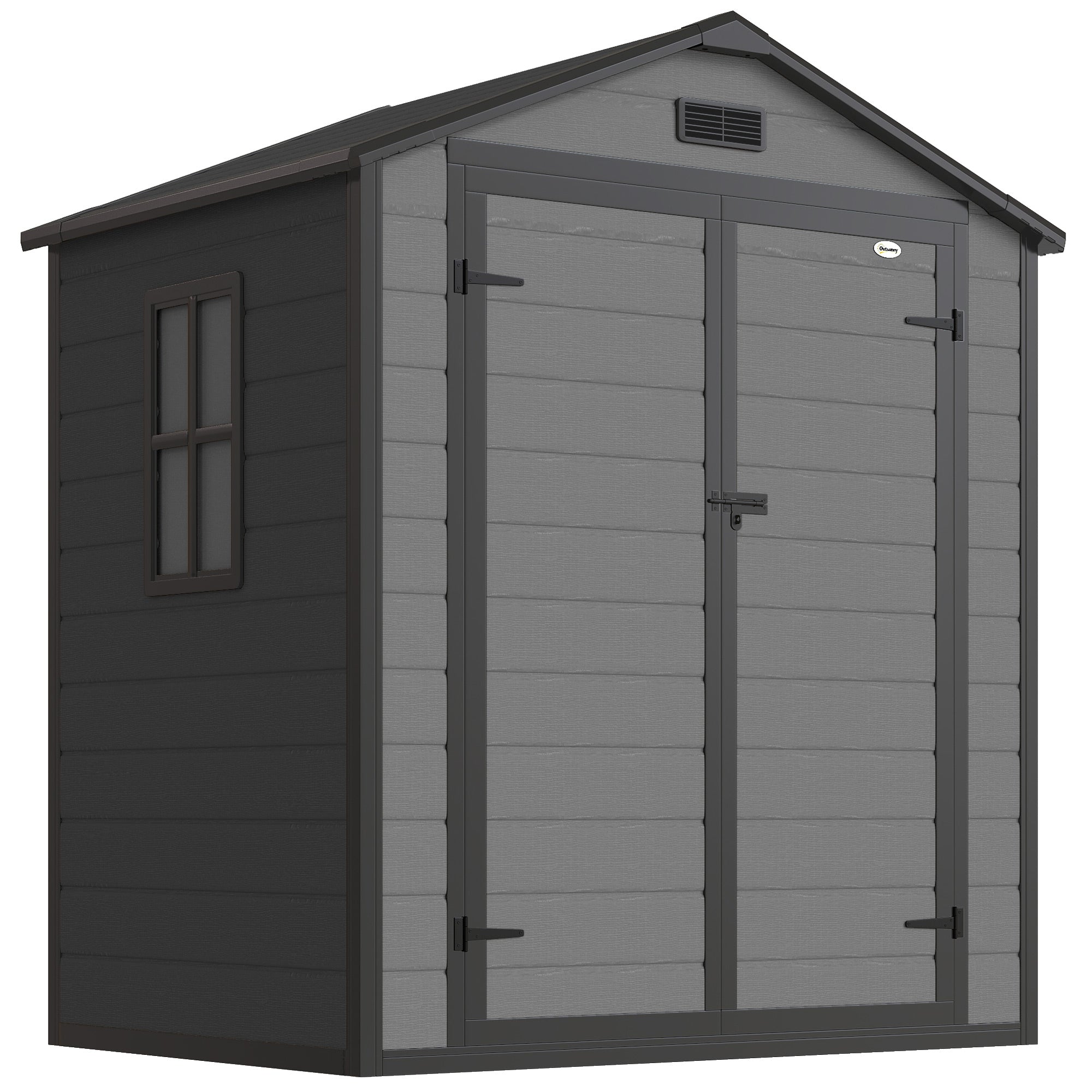 Outsunny 6'x4.5' Garden Storage Shed, Lockable Garden Shed with Double Doors, Window, Vent and Plastic Roof, Dark Grey 
