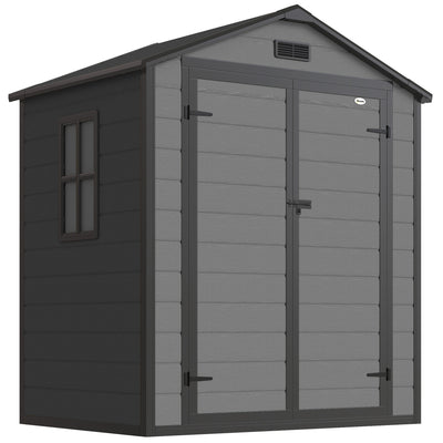 Outsunny 6'x4.5' Garden Storage Shed, Lockable Garden Shed with Double Doors, Window, Vent and Plastic Roof, Dark Grey 