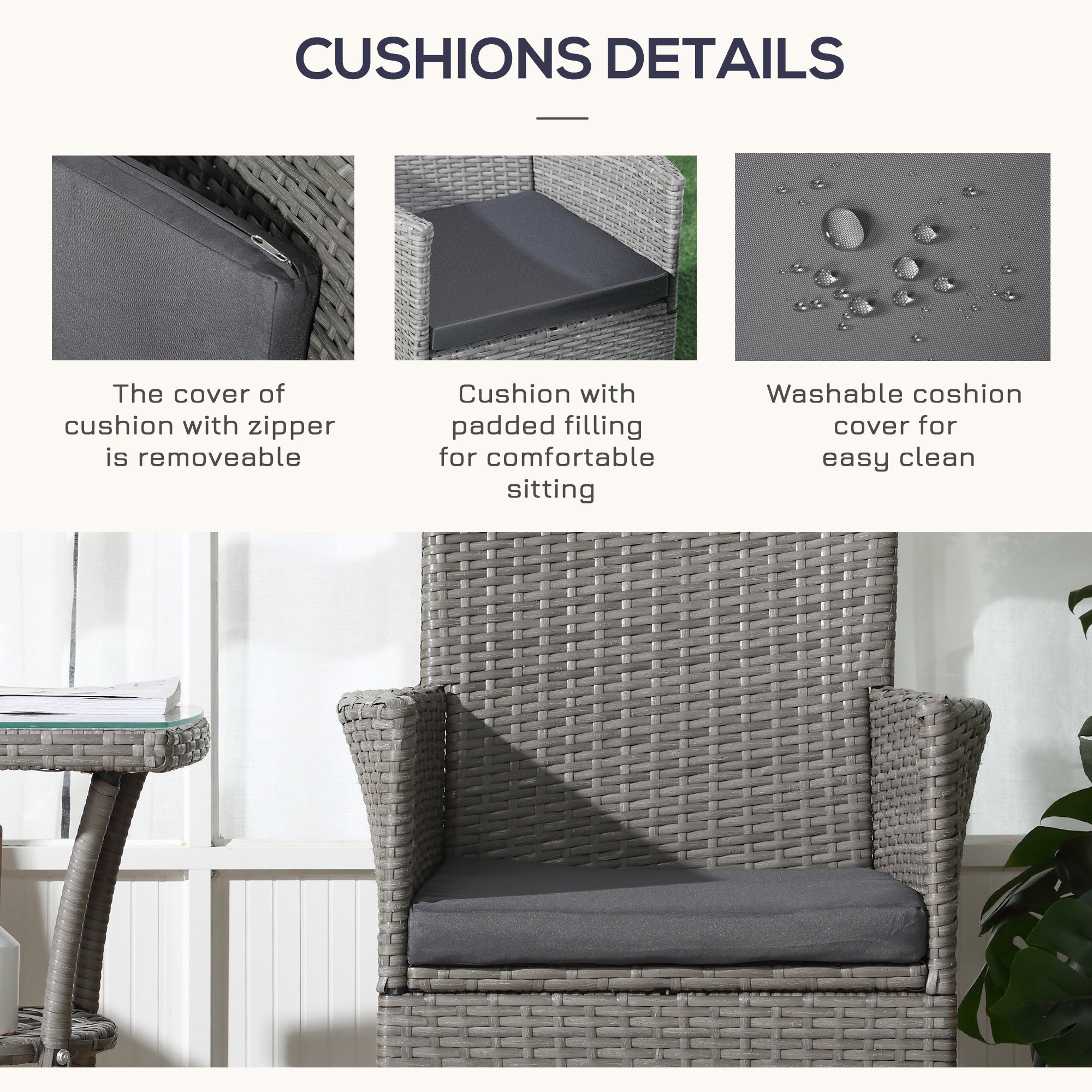 Outsunny 3 Pieces Rattan Bistro Set, Wicker Garden Furniture Set with 2-Tier Coffee Table and Chairs, Washable Cushions, for Outdoor Patio Balcony, Grey 
