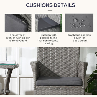 Outsunny 3 Pieces Rattan Bistro Set, Wicker Garden Furniture Set with 2-Tier Coffee Table and Chairs, Washable Cushions, for Outdoor Patio Balcony, Grey 