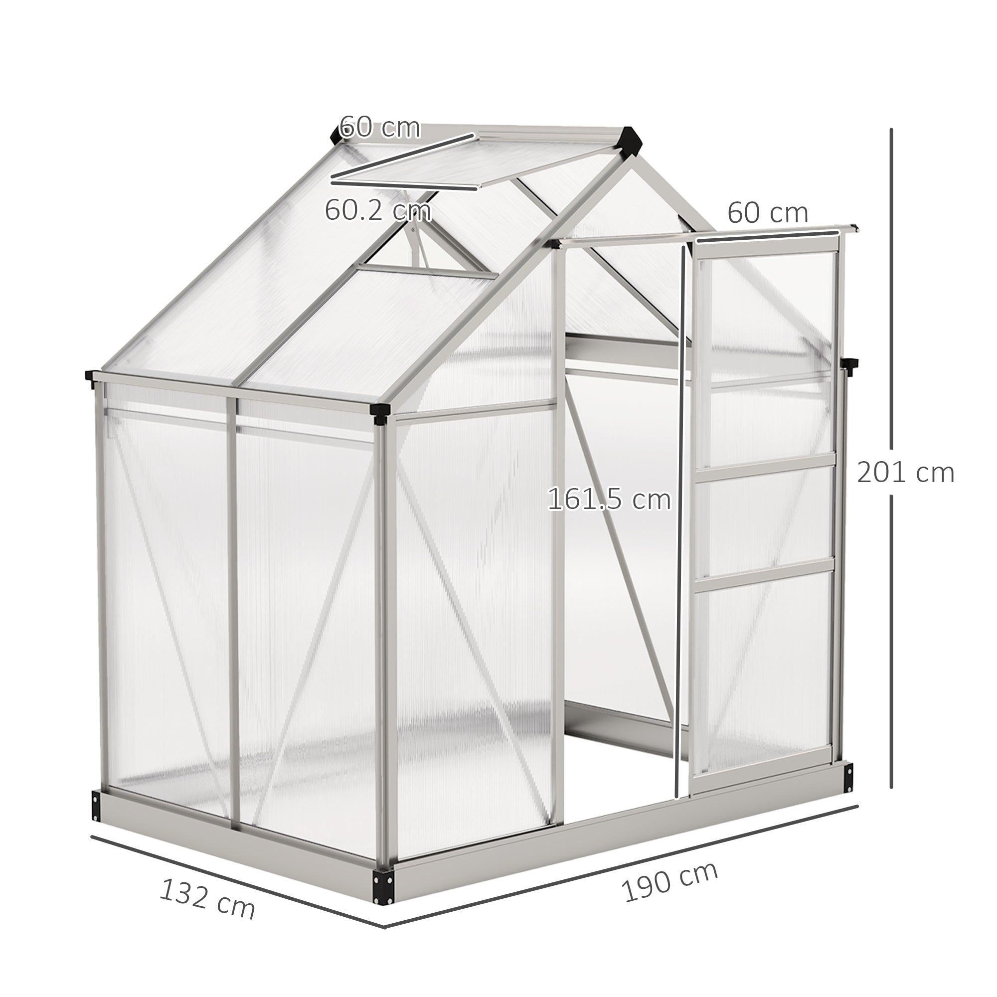 Outsunny Polycarbonate Greenhouse, Large Walk-In Green House with Slide Door and Window, Aluminium Frame, 6x4ft, Silver Tone 